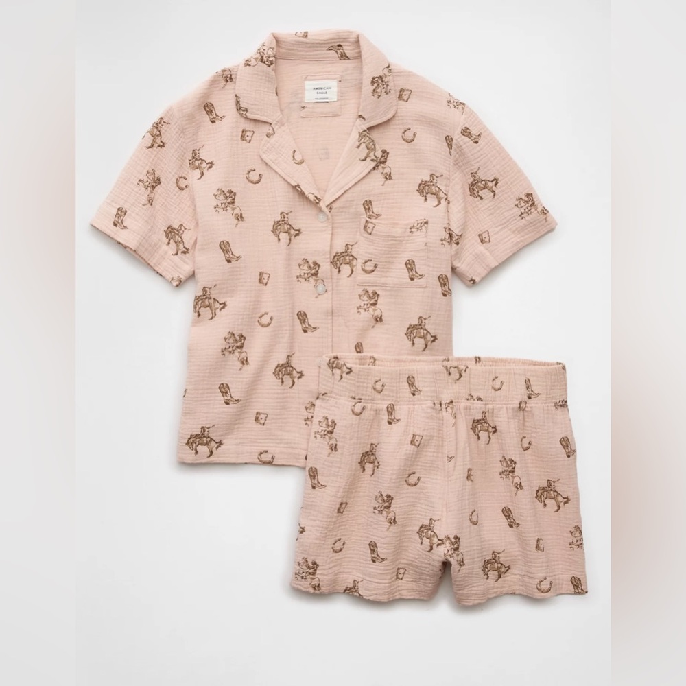 American Eagle Outfitters Western Pink & Brown Cotton Gauze PJ Pajama Set